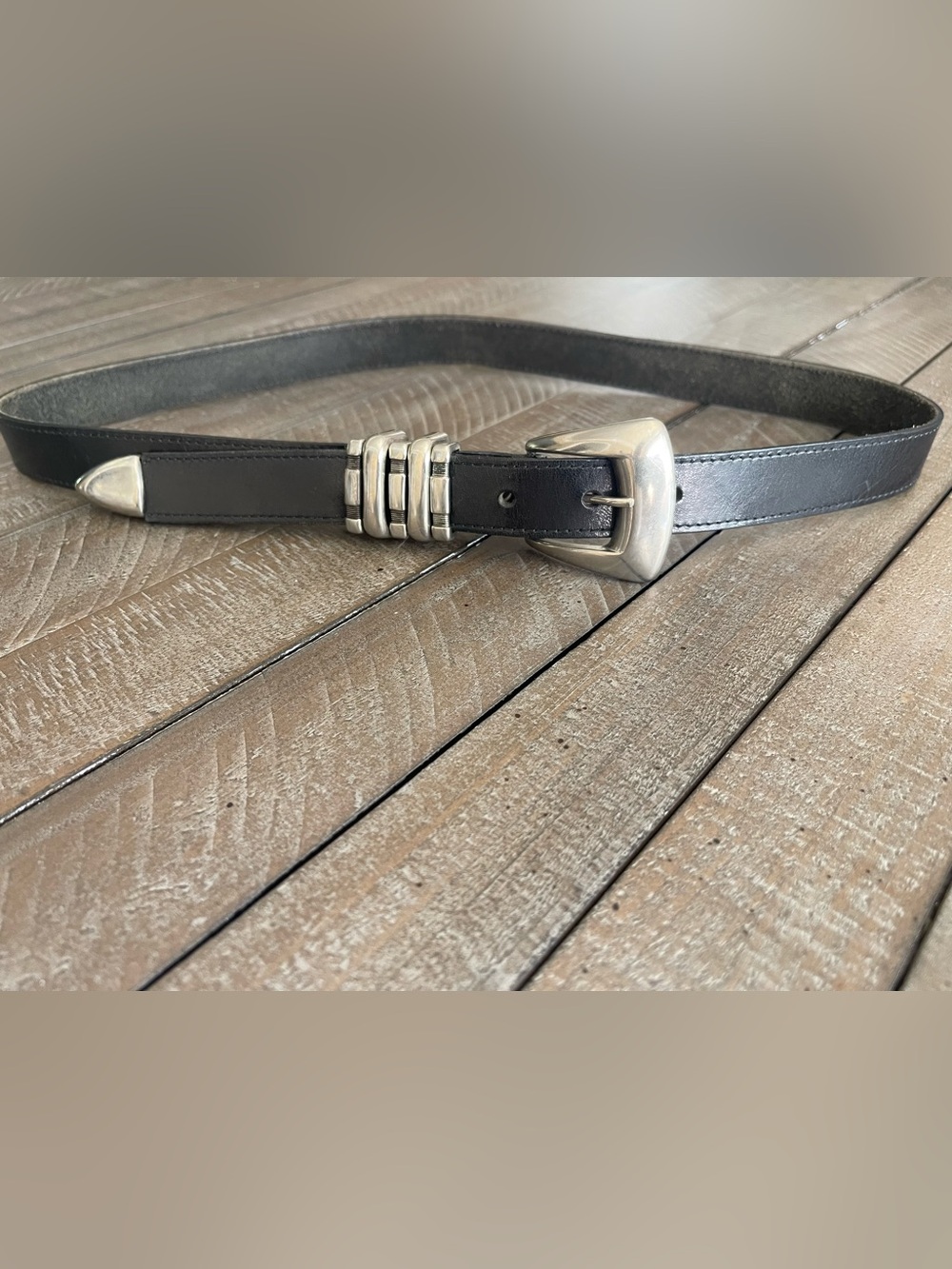 Vintage Black Leather Men's Belt with Silver Buckle